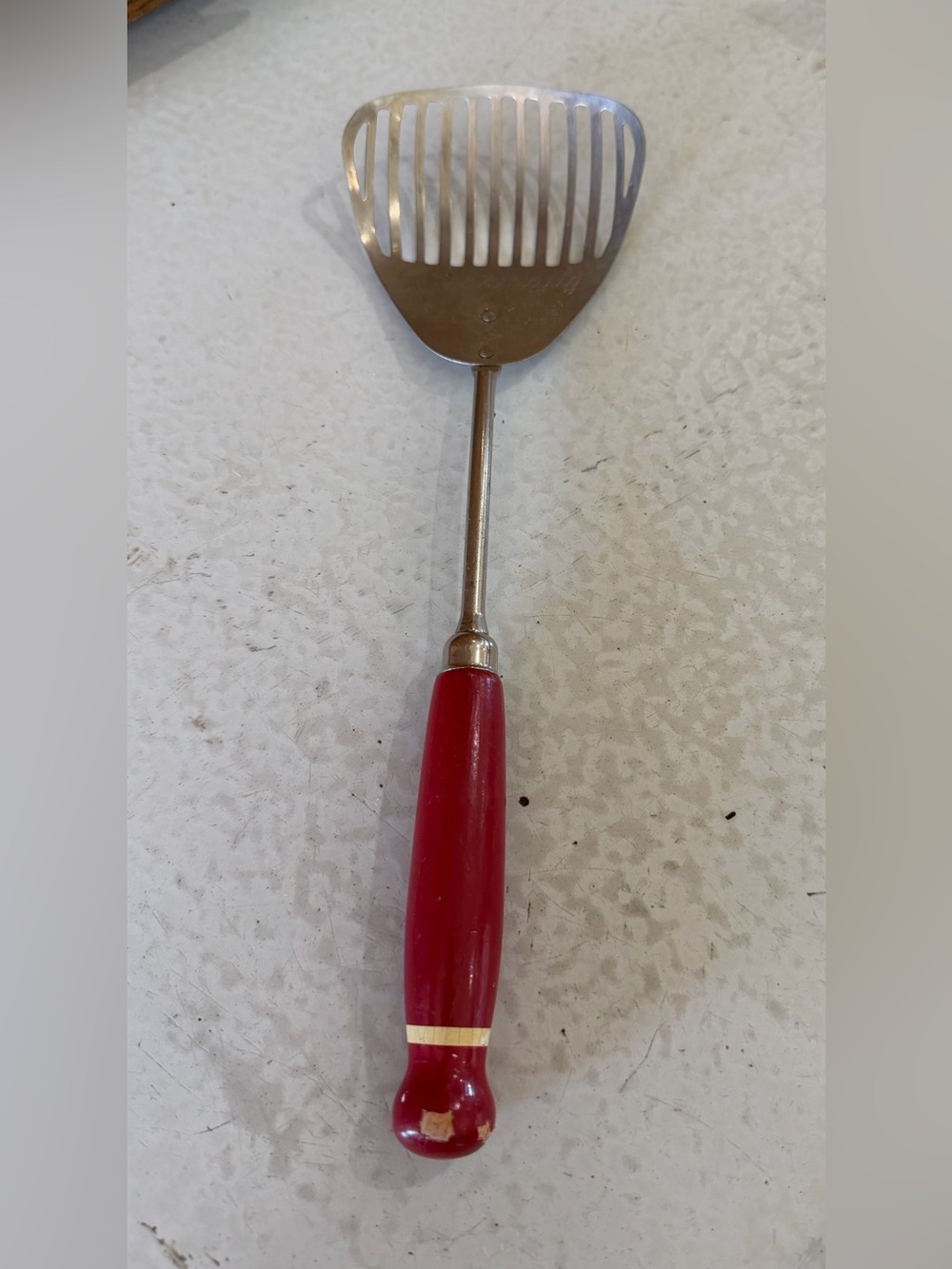 Vintage Red Stainless Steel Slotted Turner with Red Wooden Handle